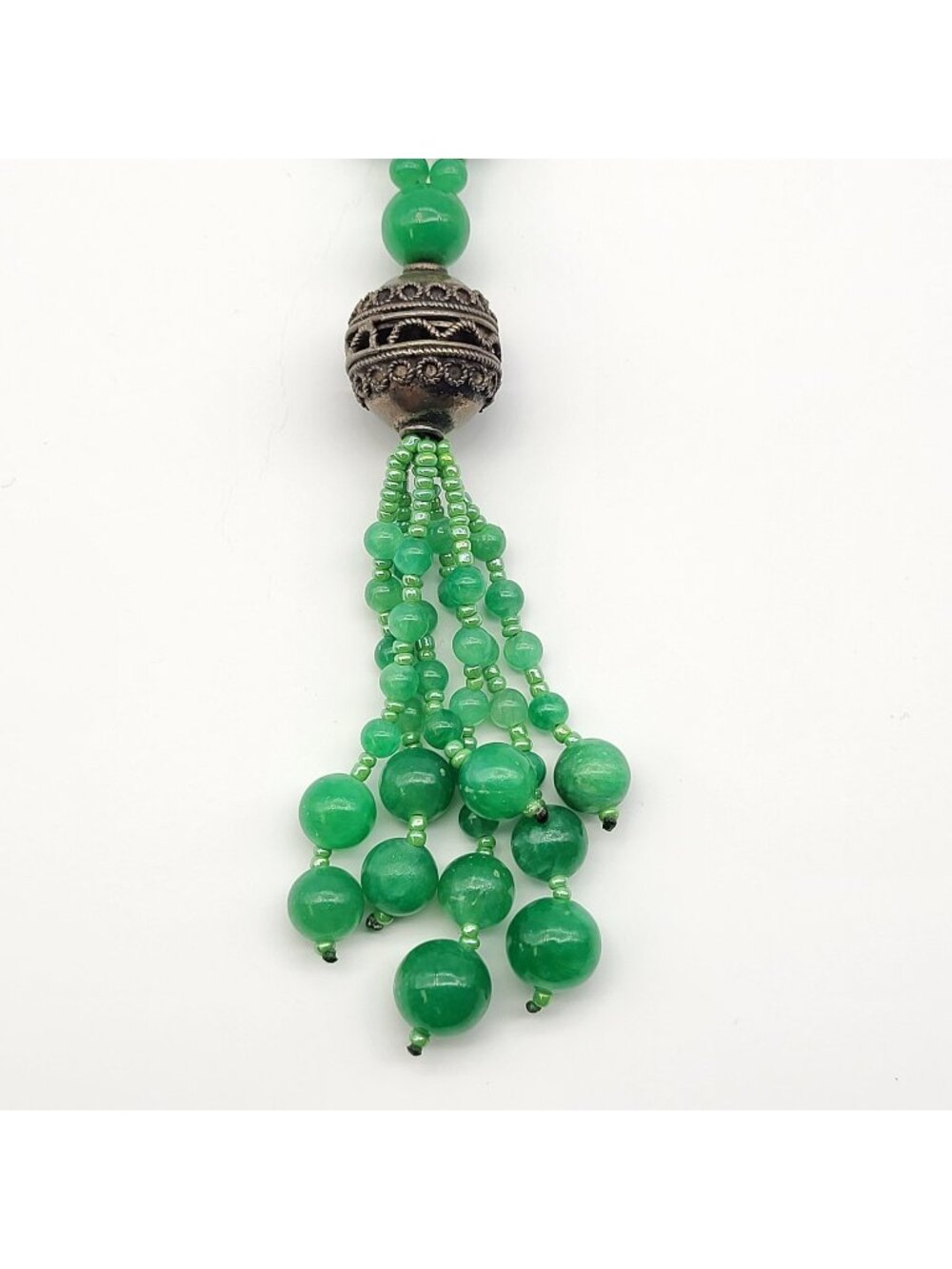Vintage Green Jade Bead Necklace Judie Ingram Tassel Boho